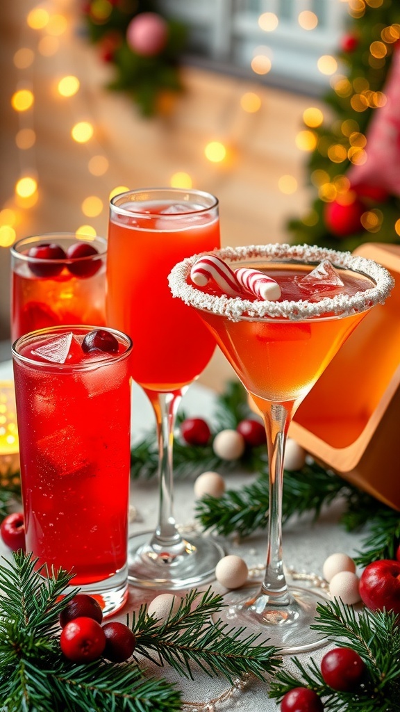Festive Christmas Cocktails: Easy Party Drinks A variety of Christmas cocktails including cranberry mimosa, spiced apple cider, peppermint martini, and pomegranate spritzer on a festive table.